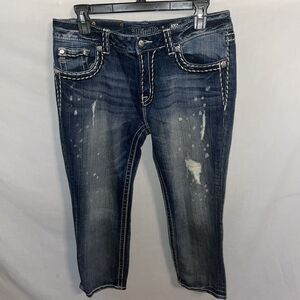Miss Me Women’s Boyfriend Capris Sz 30x26 Blue Distressed Western Rodeo Cowgirl